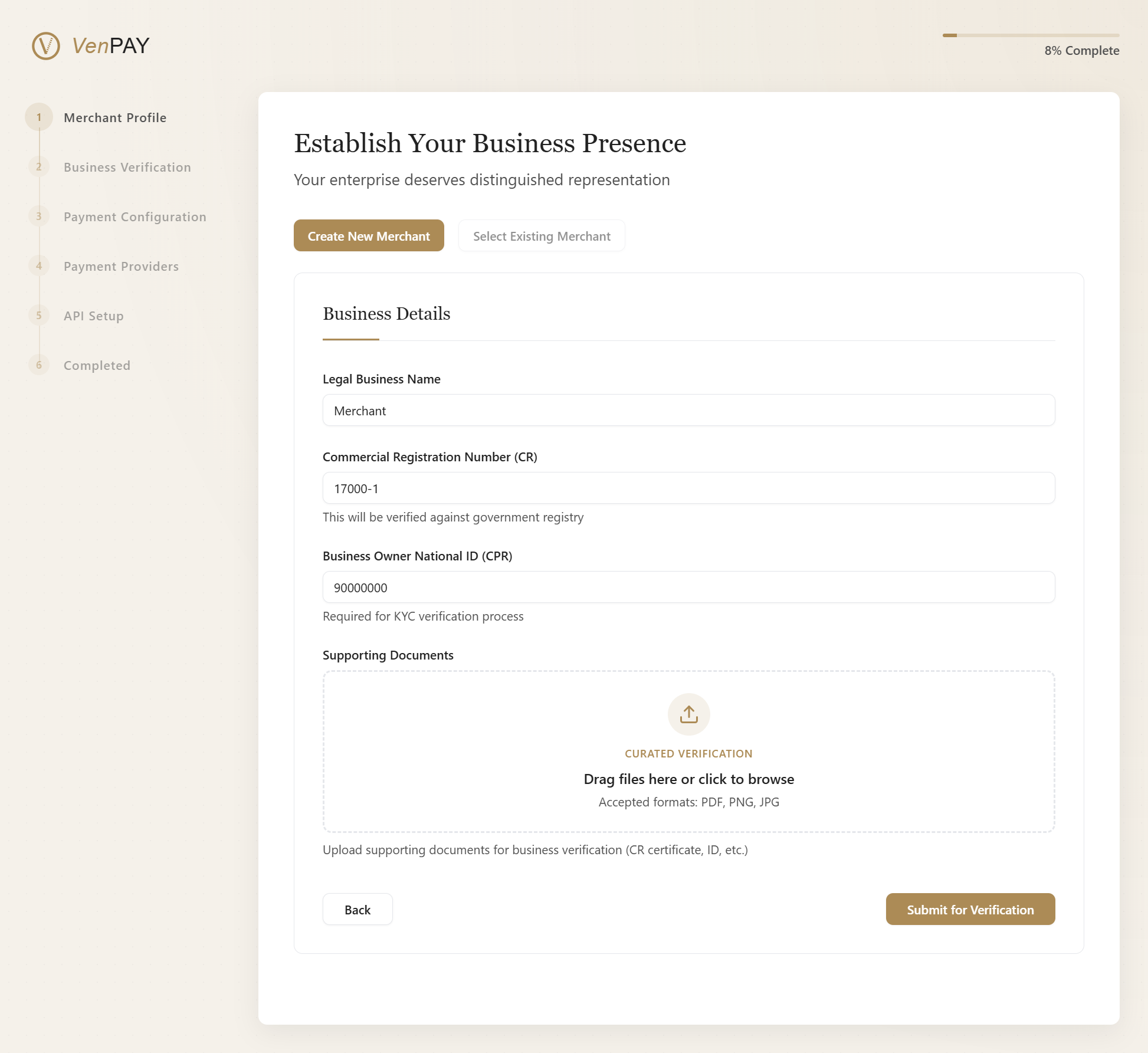Onboarding Step 1 - Business Verification